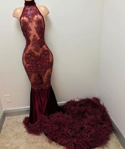 Sexy See Through High Neck Backless Long Mermaid Lace Beaded Feathers Prom Dress E321