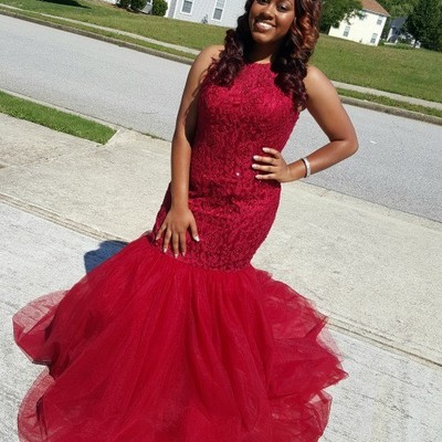 Fashion o-neck red long lace organza mermaid prom dress evening formal gown e322