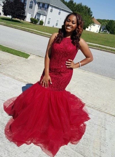 Fashion O-neck Red Long Lace Organza Mermaid Prom Dress Evening Formal Gown E322