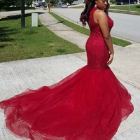 Fashion O-neck Red Long Lace Organza Mermaid Prom Dress Evening Formal Gown E322 - Thumbnail 1