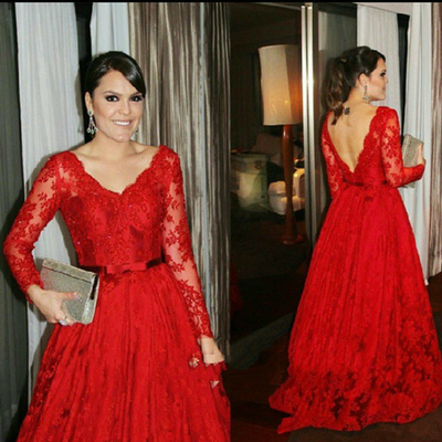 Gorgeous a-line v-neck long sleeves lace beaded red prom evening dress gowns plus size e324