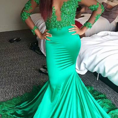 Glamorous green o-neck mermaid long sleeves beaded pearls prom evening dress party dresses e326