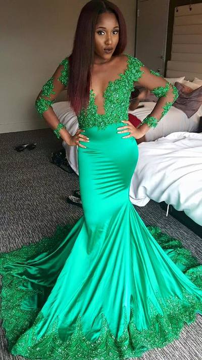 Glamorous Green O-neck Mermaid Long Sleeves Beaded Pearls Prom Evening Dress Party Dresses E326