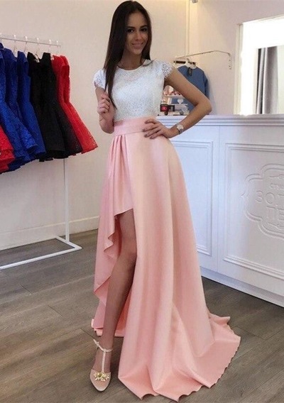 Elegant White Lace Pink Chiffon Prom Dresses Evening Dresses