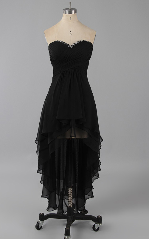 Black Sleeveless Strapless Empire Sweetheart Asymmetrical Chiffon Beading Ruffles Pleats Short Homecoming Dress