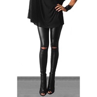 Cutout Knee Faux Leather Leggings - Thumbnail 1