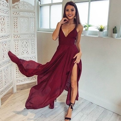Simple burgundy chiffon long prom dress, burgundy formal dresses - Thumbnail 5