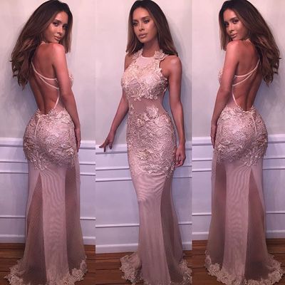 Sexy halter backless sheer long lace appliques prom dress evening formal gown e336