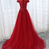 Z194 Red Appliques Tulle Sexy Custom Made Charming Prom Dress,Prom Dresses - Thumbnail 1