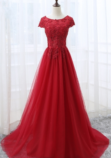 Z194 Red Appliques Tulle Sexy Custom Made Charming Prom Dress,Prom Dresses