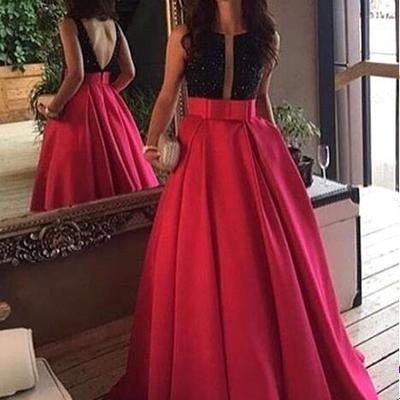 Black and fuchsia backless a-line satin sequins prom evening dress long e348