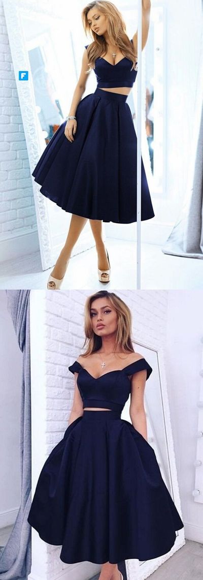 Navy Blue Off-shoulder Short Knee Length Homecoming Party Prom Dress H02