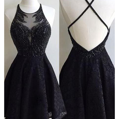 Black halter backless short lace beaded crystal party homecoming dresses knee length h01