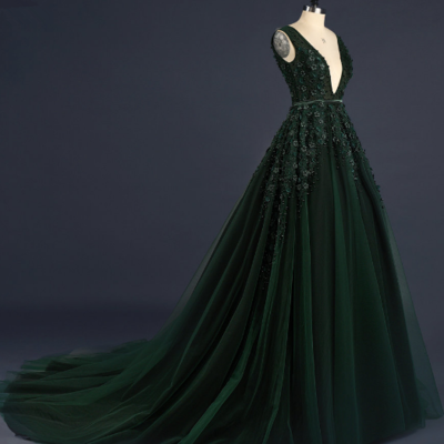  z198 dark green deep v-neck appliques sexy custom made charming prom dress,prom dresses