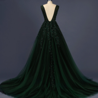  Z198 Dark Green Deep V-Neck Appliques Sexy Custom Made Charming Prom Dress,Prom Dresses - Thumbnail 1