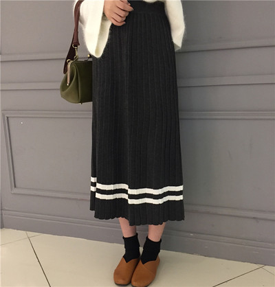 Korean striped pleated midi skirt