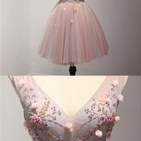 V neck homecoming dress, short homecoming dress, pink homecoming dress, cheap prom dress, junior prom dress, PD17636 - Thumbnail 2