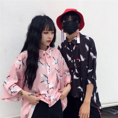 Harajuku Oversize Crane Prints Shirt
