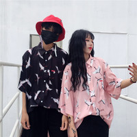 Harajuku Oversize Crane Prints Shirt - Thumbnail 3