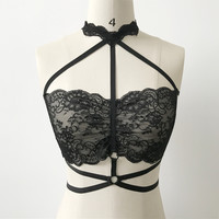 Black Sheer Lace Bralette Bralet Sexy Cage Crop Top Bra - Thumbnail 1
