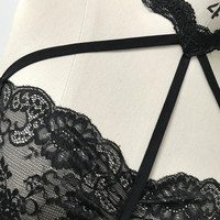 Black Sheer Lace Bralette Bralet Sexy Cage Crop Top Bra - Thumbnail 4