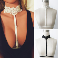 Sexy Women Gothic Elastic Harness Lace Cage Bra Crop Top - Thumbnail 1