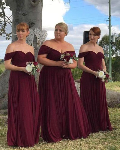 Elegant Off the Shoulder Burgundy Long Bridesmaid Dresses