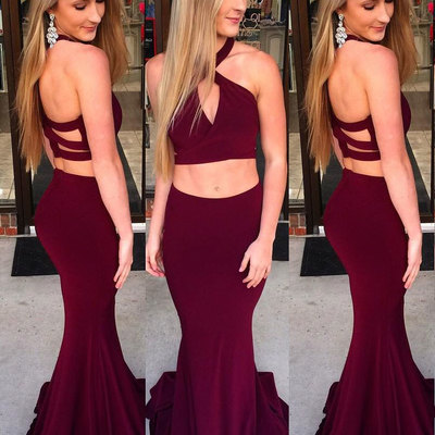 Sexy two piece mermaid burgundy prom dresses - Thumbnail 5