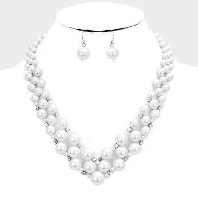 Silver w/white faux pearl v collar necklace - Thumbnail 4