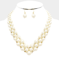 Silver w/White Faux Pearl V Collar Necklace - Thumbnail 2