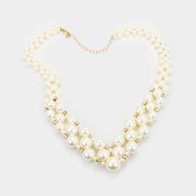 Silver w/white faux pearl v collar necklace