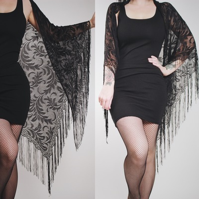 Claimed  - vintage 80s black lace fringed "stevie" shawl 