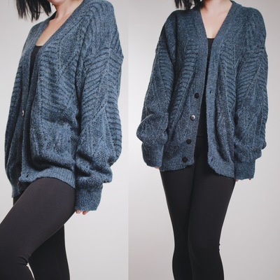 Claimed - vintage 90s blue chunky cable knit cardigan 