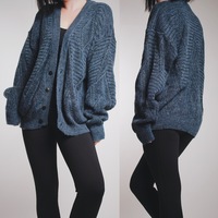 CLAIMED - Vintage 90s Blue Chunky Cable Knit Cardigan  - Thumbnail 1