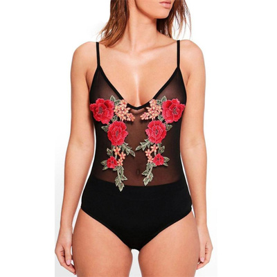 Sexy black see through floral embroidery bodysuit jumpsuit