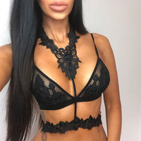  Ladies Sexy Lace Sheer Bralette Bra Choker Crop Tops - Thumbnail 1