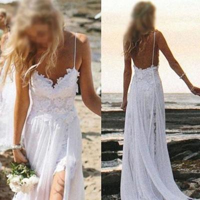 Chiffon lace wedding dress, white side split wedding dress, beach bridals dress, most popular wedding dresses, wd17601