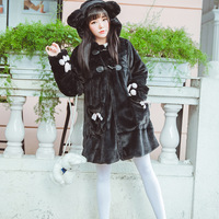 White/black cat ear thick plush hoodie - Thumbnail 1