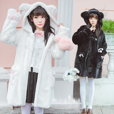 White/black cat ear thick plush hoodie