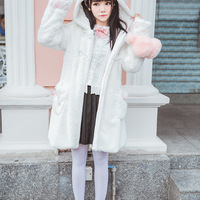 White/black cat ear thick plush hoodie - Thumbnail 2