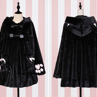 White/black cat ear thick plush hoodie - Thumbnail 3