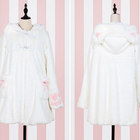 White/black cat ear thick plush hoodie - Thumbnail 4