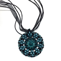 Blue Zircon Color and Black Crystal Pendant on Ribbon Necklace - Thumbnail 1