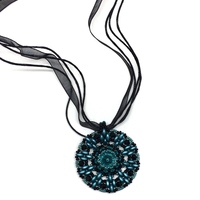 Blue Zircon Color and Black Crystal Pendant on Ribbon Necklace - Thumbnail 2