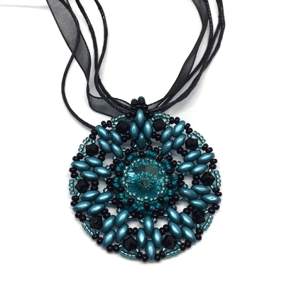 Blue Zircon Color and Black Crystal Pendant on Ribbon Necklace