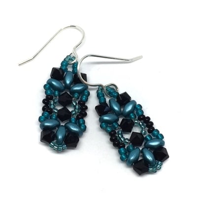 Ocean blue color and black crystal earrings on sterling silver ear hooks