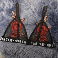 Black Rose Floral Embroidery Sexy Bralette Crop Top Bra - Thumbnail 2