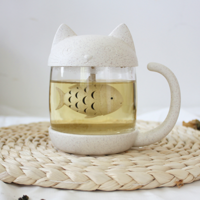 Cute kitty fish tea cup cat tail glass