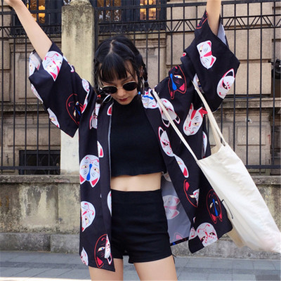 Lucky cat print kimono