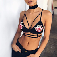 Floral Embroidery Sexy Deep V Neck Bra Caged Bralette - Thumbnail 1